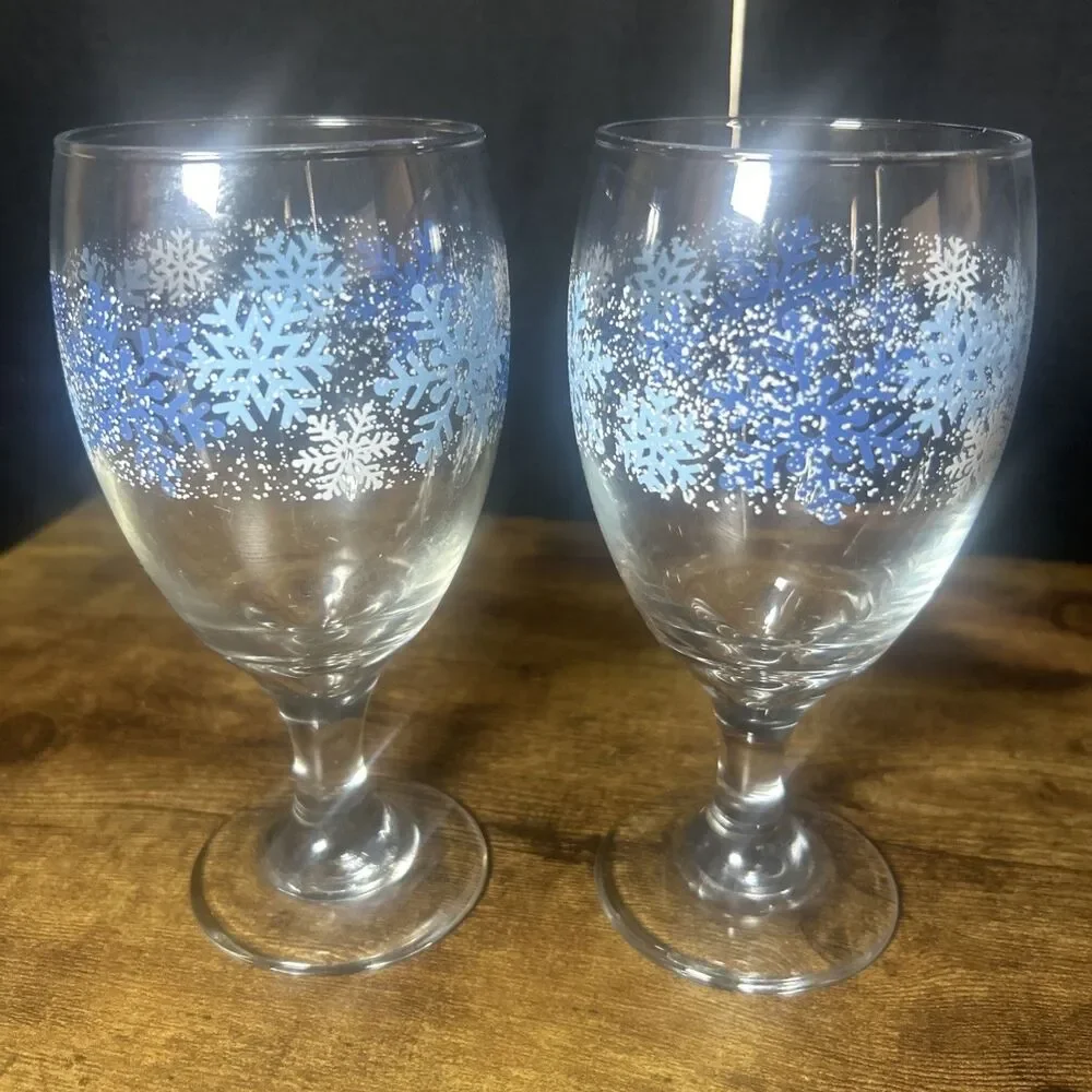 Libbey Winter Snowflake Goblets VTG 7” Blue Water Tea Glasses Christmas Decor